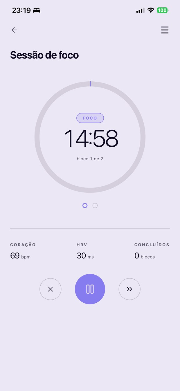 Tela Foco do aplicativo ASSUMFIT