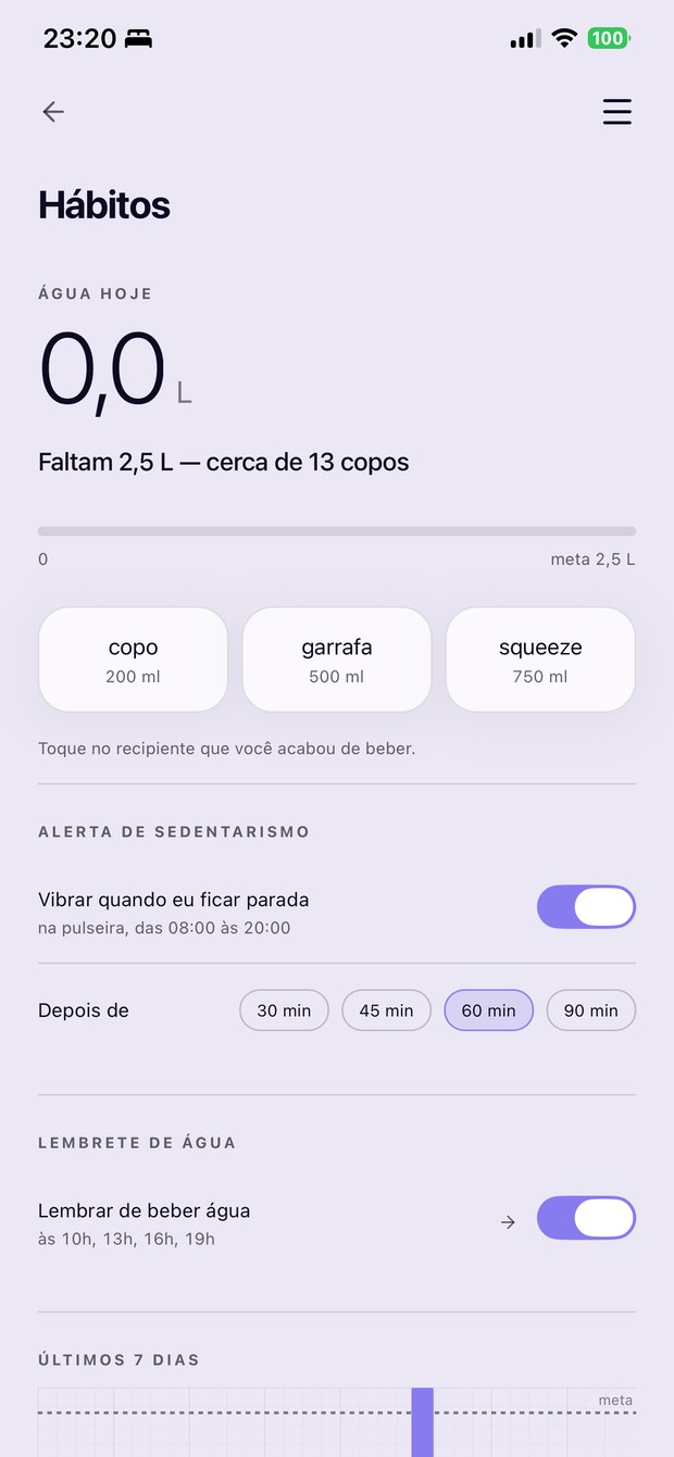 Tela Hábitos do aplicativo ASSUMFIT