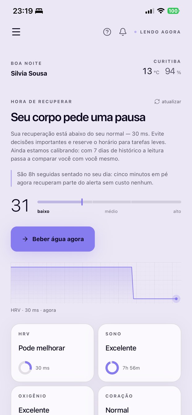 Tela Hoje do aplicativo ASSUMFIT