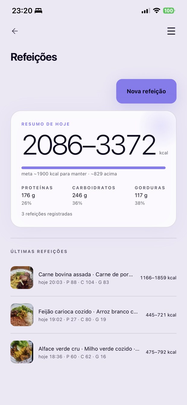 Tela Refeições do aplicativo ASSUMFIT