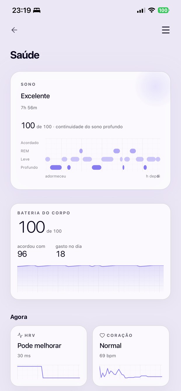Tela Saúde do aplicativo ASSUMFIT